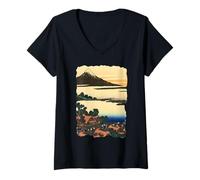 Donna Alba a Isawa Hokusai Vintage Retro Arte giapponese Maglietta con Collo a V