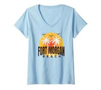 Donna Alba Fort Morgan Spiaggia Tramonto Orizzonte Vintage Ft Morgan Maglietta con Collo a V