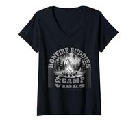 Donna Alberi e amici del fuoco delle stelle - Warm Camping Spirit Art Maglietta con Collo a V
