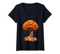 Donna Albero Autunnale del Ringraziamento Autunno Boston Terrier Cani Fogli Maglietta con Collo a V