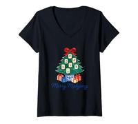 Donna Albero di Natale Merry Mahjong Maglietta con Collo a V