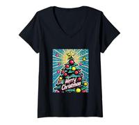 Donna Albero di Natale Pop Art Natale Xmas Maglietta con Collo a V