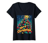 Donna Albero di Natale Pop Art Natale Xmas Maglietta con Collo a V