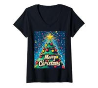 Donna Albero di Natale Pop Art Natale Xmas Maglietta con Collo a V