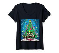 Donna Albero di Natale Pop Art Natale Xmas Maglietta con Collo a V