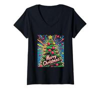 Donna Albero di Natale Pop Art Natale Xmas Maglietta con Collo a V
