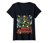 Donna Albero di Natale Pop Art Natale Xmas Maglietta con Collo a V