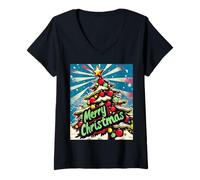 Donna Albero di Natale Pop Art Natale Xmas Maglietta con Collo a V