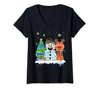 Donna Albero di Natale Pupazzo di Neve Renna Libro Stack Tee Bibliotecario Maglietta con Collo a V