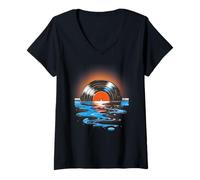 Donna Album in vinile retrò che affonda nell'acqua musica al tramonto Maglietta con Collo a V