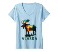 Donna Alce dell'Alaska con Lago e Montagna Souvenir Uomo Donna Maglietta con Collo a V
