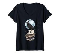 Donna Alchimia Corvo Corvo Teschio Cranio Libri Libro Luna Maglietta con Collo a V
