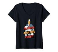 Donna Alcohol Because Adulting Is Hard Prost Funny Beer Bottle Maglietta con Collo a V