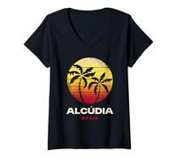 Donna Alcudia Spagna Retro Palm Tramonto Spiaggia Tropicale Maglietta con Collo a V
