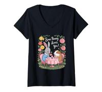 Donna Alcuni Bunny Loves You Cute Bunny e Guinea Pig Fiori Maglietta con Collo a V