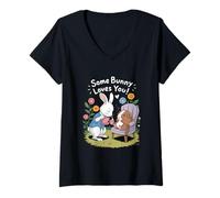 Donna Alcuni Bunny Loves You Cute Bunny e Guinea Pig Fiori Maglietta con Collo a V