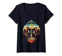 Donna Alien Abduction Ramen Gatto Retro Giapponese Tagliatelle Divertenti Maglietta con Collo a V
