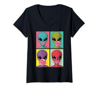 Donna Alien Che soffia Bubble Gum Pop Art Graphic Maglietta con Collo a V