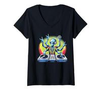 Donna Alien DJ Divertente e Design colorato per Gli Appassionati di EDM e Fantascienza Maglietta con Collo a V