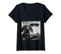 Donna Alien Saucer Bassotto Selfie Shock Close Up Sky Scena Panico Maglietta con Collo a V