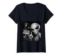 Donna Alien Selfie Area 51 Amanti Divertenti della cospirazione UFO Maglietta con Collo a V
