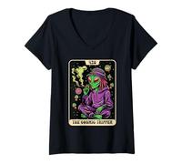 Donna Alien Smoking Weed Tarot Card 420 Cosmic Tripper Cannabis Maglietta con Collo a V
