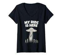 Donna Alien UFO My Ride Is Here Funny Flying Saucer Men Women Kids Maglietta con Collo a V