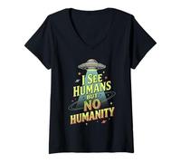 Donna Alien UFO Space No Humanity Extraterrestre Maglietta con Collo a V