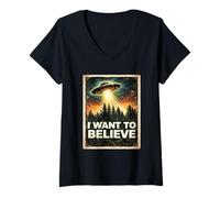 Donna Alien Visitatore Credente Voglio Credere UFO Classico Vintage Maglietta con Collo a V