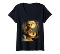 Donna Alieno Incontro Sci-Fi Foresta Luna Grafica Maglietta con Collo a V