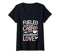 Donna Alimentato da caffè e amore incondizionato Design Maglietta con Collo a V