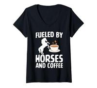 Donna Alimentato da Cavalli e caffè equestri Divertenti Amanti della Caffeina Maglietta con Collo a V