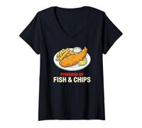 Donna Alimentato da Fish & Chips Funny Foodie Maglietta con Collo a V