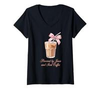 Donna Alimentato da Gesù e caffè Freddo Coquette Retro Christian Maglietta con Collo a V