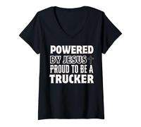 Donna Alimentato da Jesus Proud to be Trucker Christian Maglietta con Collo a V