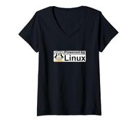Donna Alimentato da Linux Tux Il Pinguino Nerd Geek Sysadmin Regalo Maglietta con Collo a V