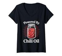 Donna Alimentato da Olio di Peperoncino Piccante Amante del Cibo Maglietta con Collo a V