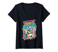 Donna Alimentato da Spite & Caffeine Raccoon 80s Comic Art Maglietta con Collo a V