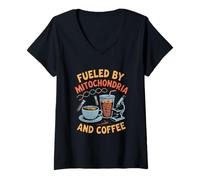 Donna Alimentato dai mitocondri Caffè Divertente Insegnante di Scienze Biologia Maglietta con Collo a V
