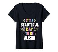 Donna Alisha Personalized Name Beautiful Day Alisha Maglietta con Collo a V