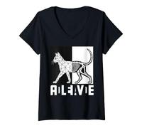 Donna Alive Dead Cat Geometria Scheletro Anatomia Scienza Maglietta con Collo a V