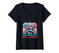 Donna All American Girl Gamer Videogioco 4 luglio Donne Bambini Maglietta con Collo a V