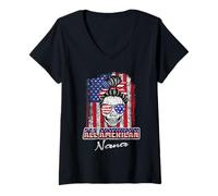 Donna All American Nana Patriotic Messy Bun Skull USA 4th Of July Maglietta con Collo a V