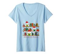 Donna all Booked for Christmas Cute Ghost Readers Maglietta con Collo a V