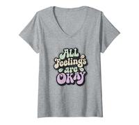 Donna all Feelings Are Okay Benessere Mentale Consapevolezza Maglietta con Collo a V