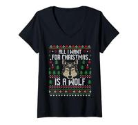 Donna all I Want for Christmas Is A Wolf Ugly Xmas Lover Maglione Maglietta con Collo a V