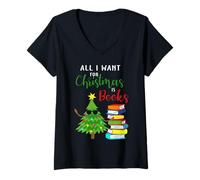 Donna all I Want for Christmas Is Books Albero di Natale Maglietta con Collo a V