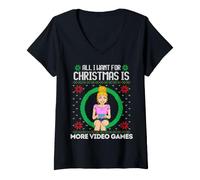 Donna all I Want for Christmas Is More Videogiochi Ragazzo Ragazza Gamer Maglietta con Collo a V