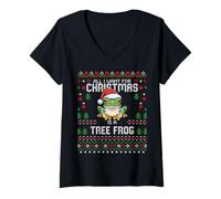 Donna all I Want for Christmas Tree Frog Brutto Natale Maglione Rane Maglietta con Collo a V