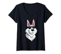 Donna all White German Shepherd with Occhiali da Sole Cool Maglietta con Collo a V